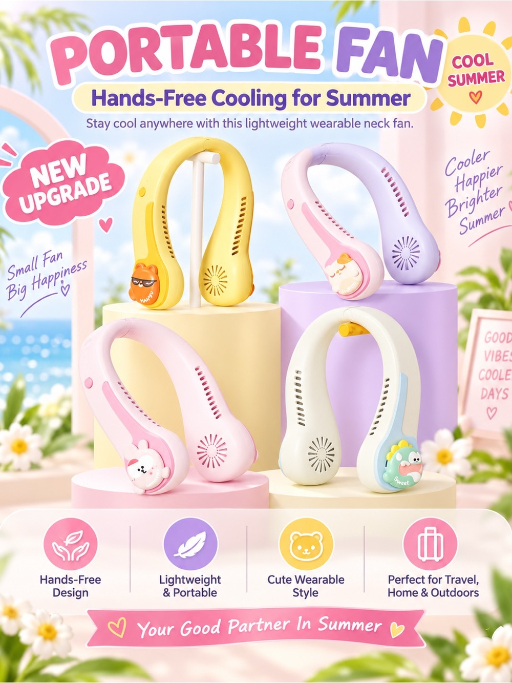 Portable Kids Wearable Neck Fan – Pastel Pink, Yellow, Lavender, Cream